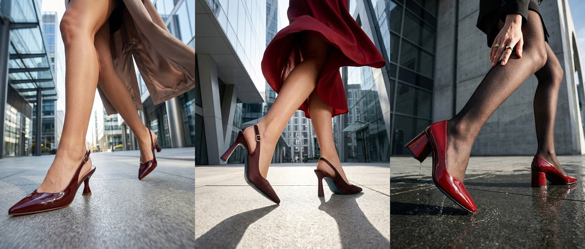 Giulia new arrivals in burgundy: kitten heels, high slingbacks and block heels